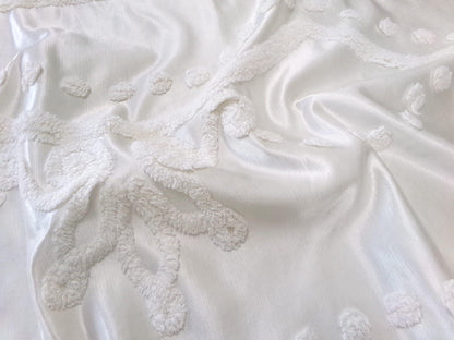 Tufted White Satin Vintage Chenille Bedspread Fabric, Shabby Romantic 19x24"