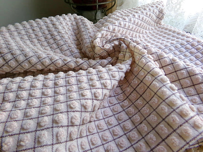Micro Mocha Pops Vintage Chenille Fabric, Neutral Chocolate Grids, 24" x 20" Piece, Cute material for quilts, pillows, bags, doll clothes