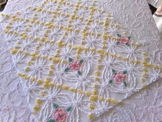 pink roses chenille fabric with goldenrod yellow pops, shabby chic vintage 20" x 24" inch piece of quilt material