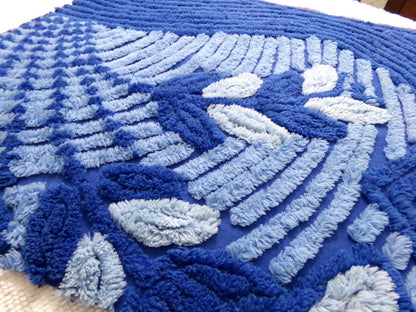 celestial blue vintage chenille bedspread fabric, plush abstract deco tufting, 22" x 20" piece