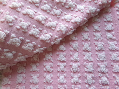 Carnation Pink White Rosebud Vintage Chenille Fabric, Soft Ombre Variations 18" x 25"