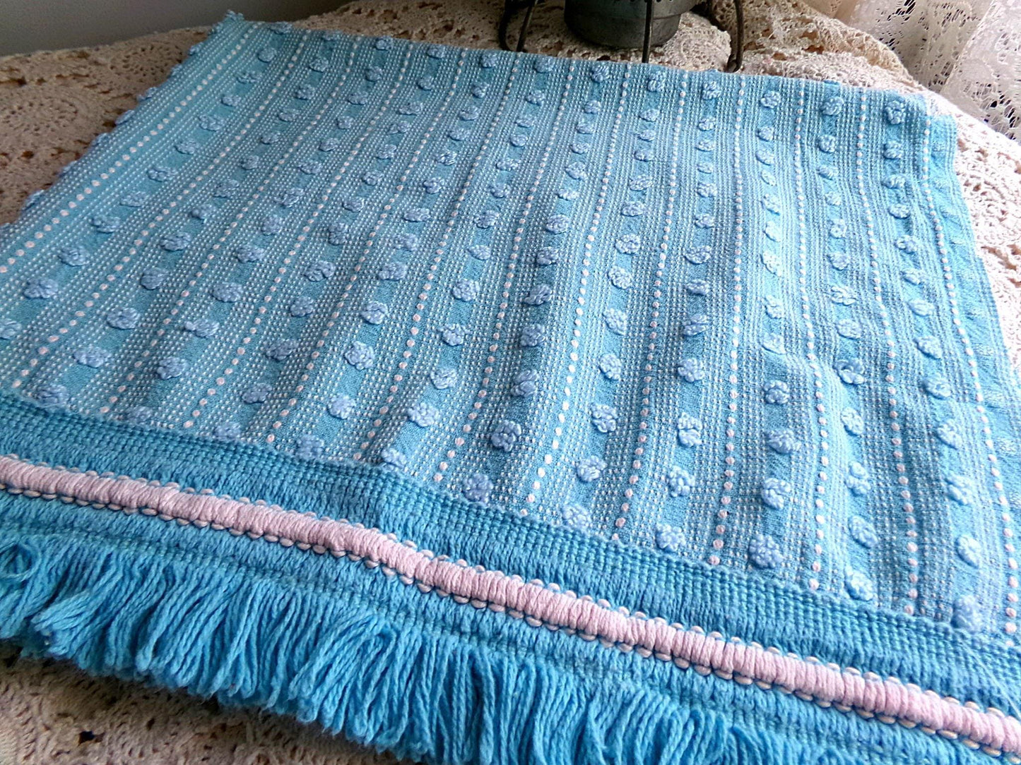 Vintage Chenille Fabric, Cute Woven Dot Dash Design, 24" x 18" inch piece, Great Quilt Material