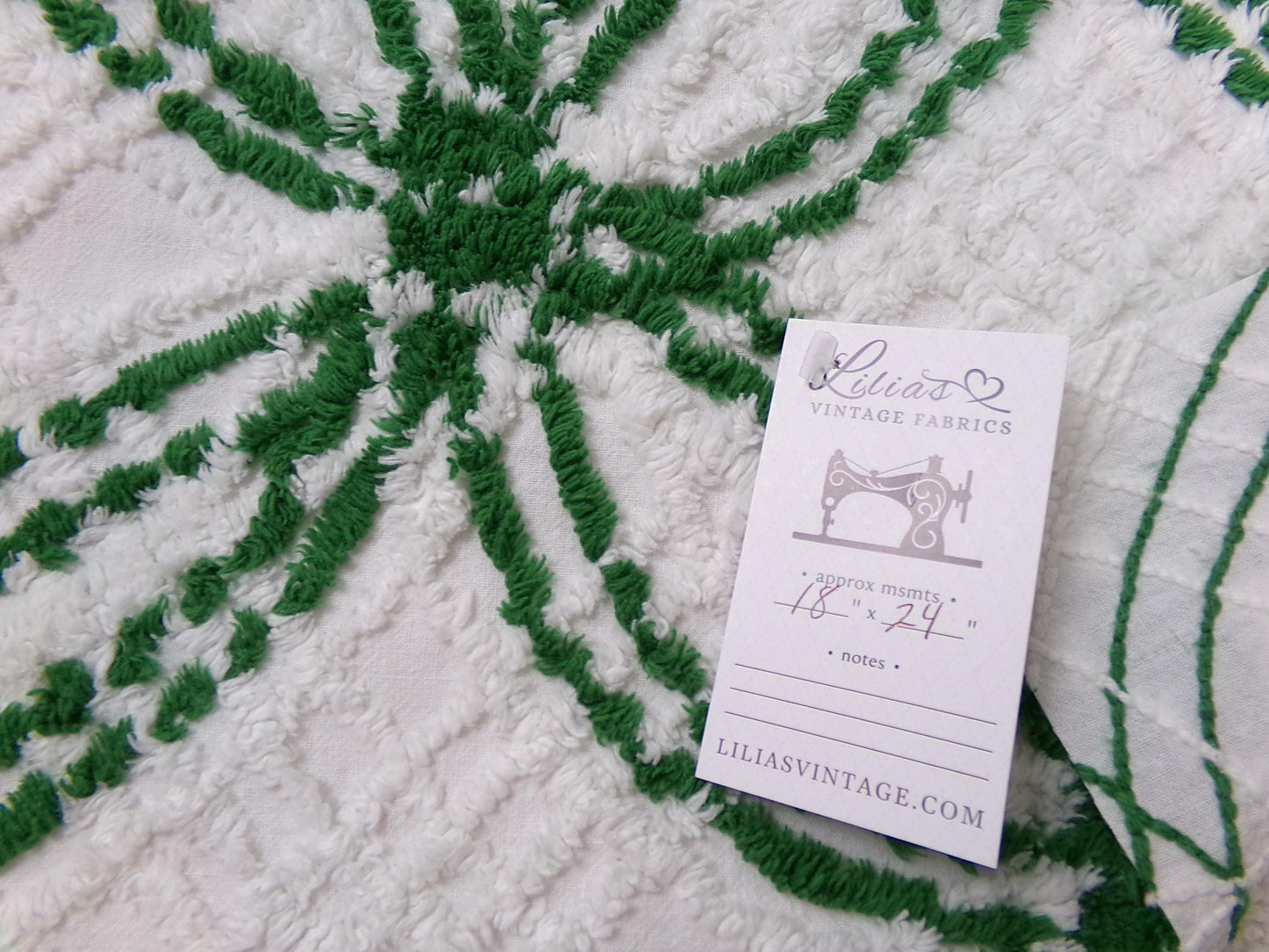 Vintage Green White Chenille Fabric Piece, Interlocking Geometric 18x24" Quilt Material