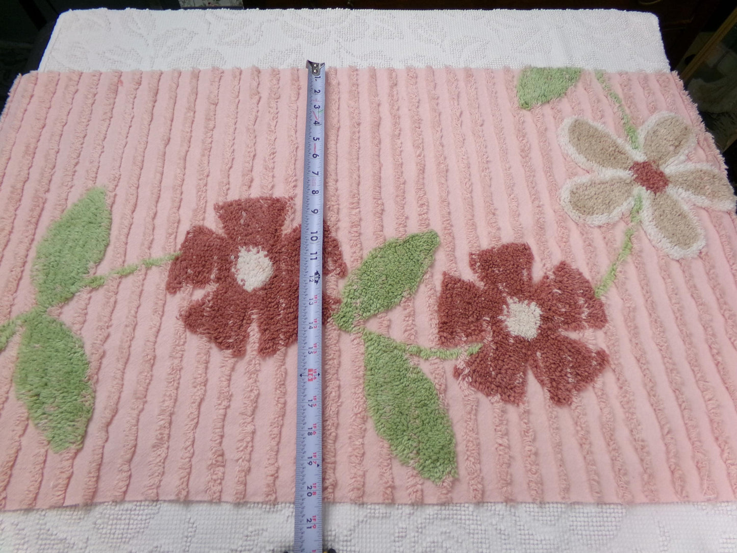 pink vintage chenille bedspread fabric, rambling floral vine sewing craft material 19" x 36"