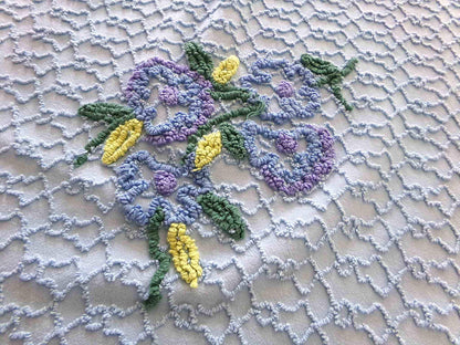Evening Blue Floral Vintage Chenille Fabric in Chain Link Design with Tufted Flowers, 27" x 18" inch Piece, 100% Lightweight Cotton Material