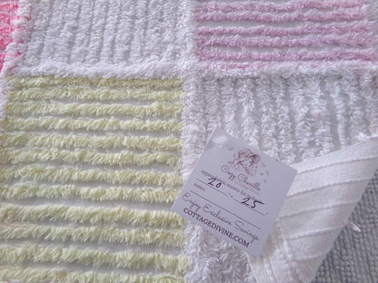 pink & white quilt style vintage chenille fabric, 25" x 20" piece of sewing material for pillows, crafts