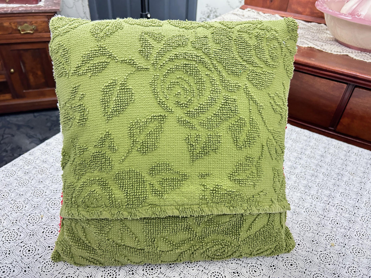 Vintage Christmas Chenille Pillow Cover, 16" Square Reversible Holiday Patchwork Design