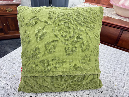 Vintage Christmas Chenille Pillow Cover, 16" Square Reversible Holiday Patchwork Design