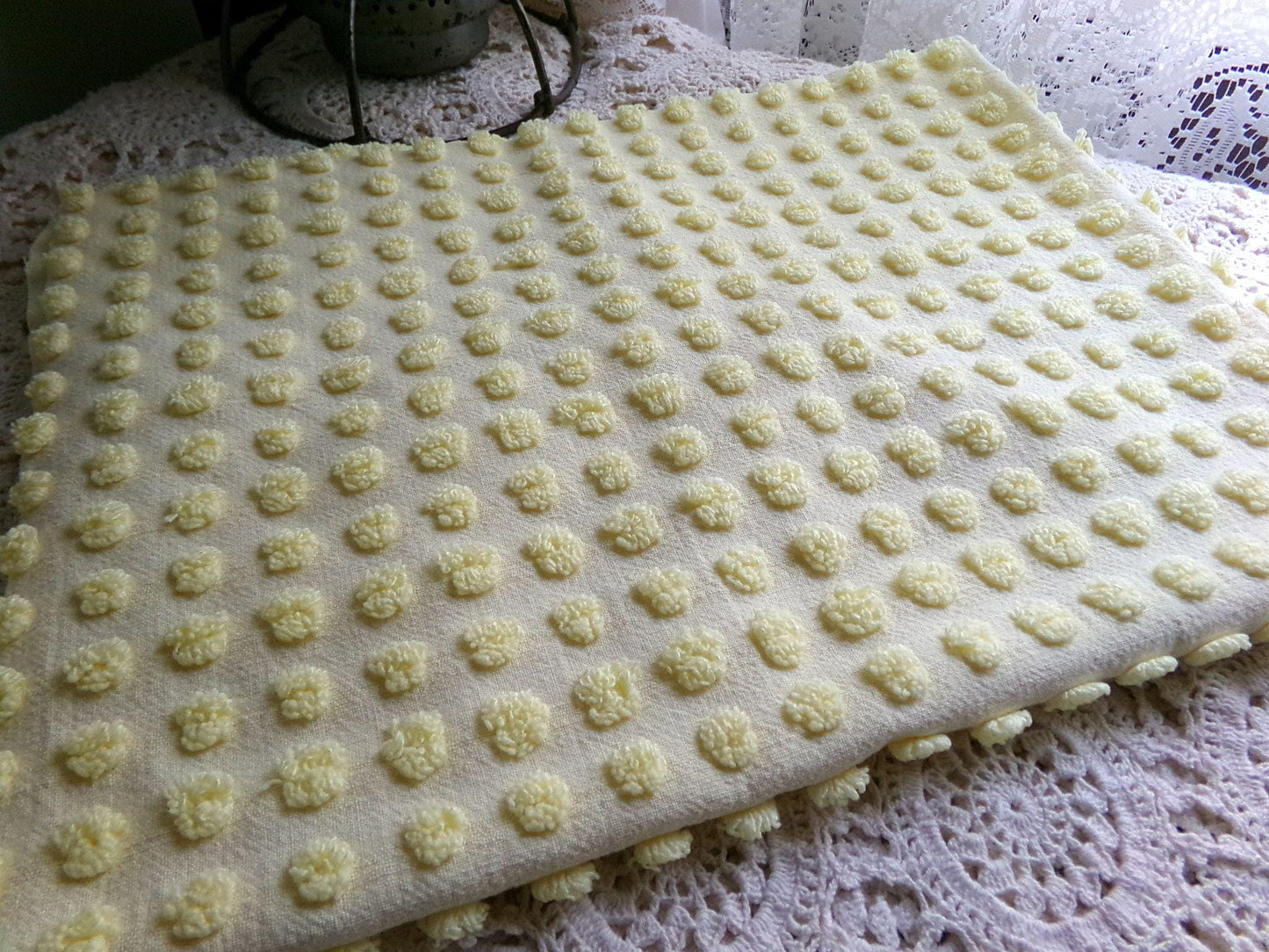 Happy Little Pops Vintage Chenille Material, Cheerful Yellow Nubby Popcorns Fabric, 18" x 34" inch Piece, Uplifting in Handmade Quilts
