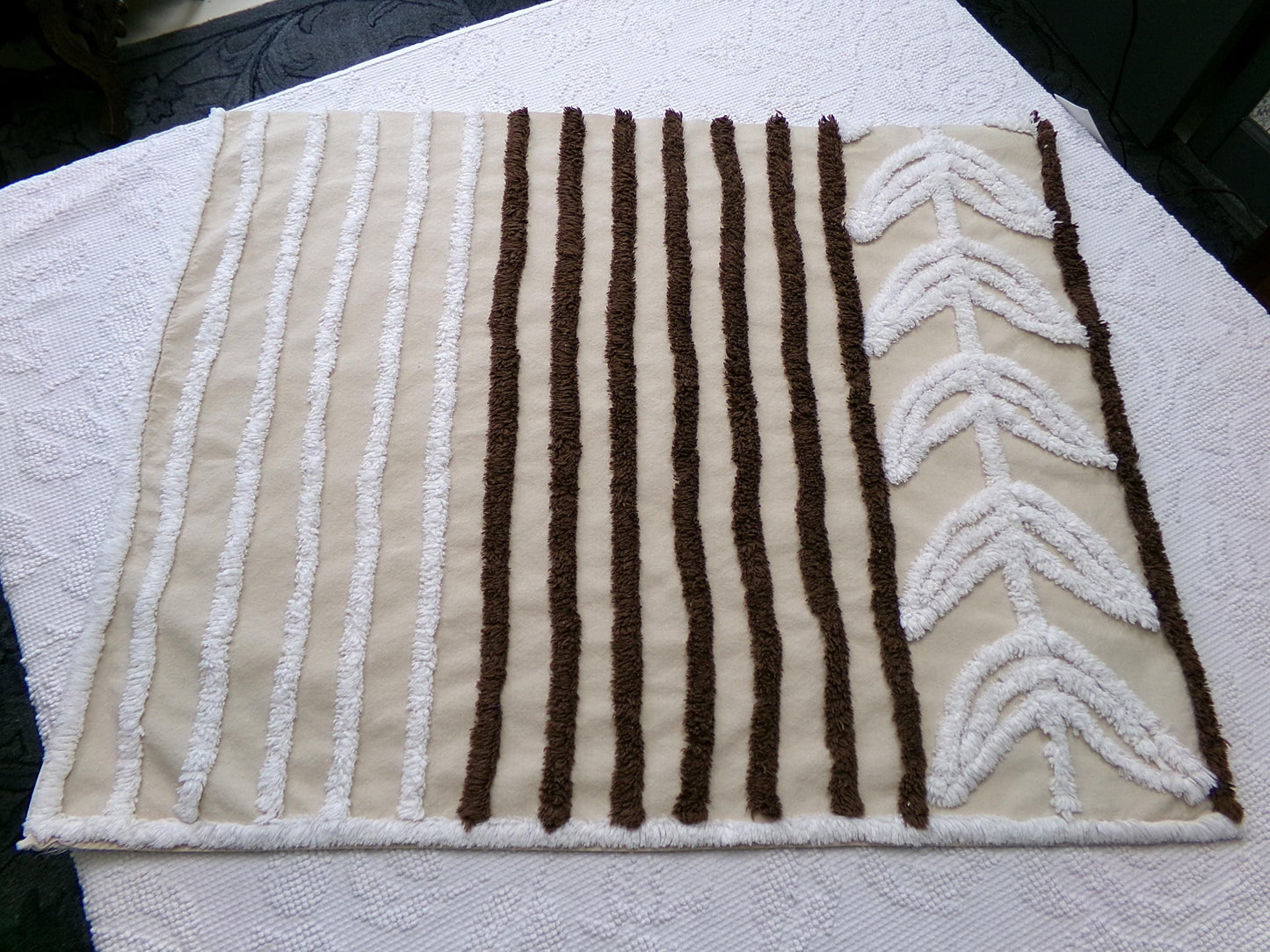 mocha leaf stripe vintage chenille fabric: contrast brown & white striped design, 20" x 24" sewing material for quilting, crafts