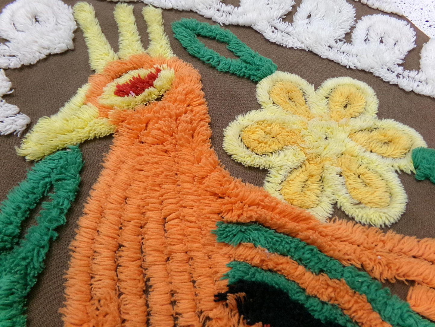 peacock vintage chenille bedspread fabric boho bird brown orange 14x21" small piece