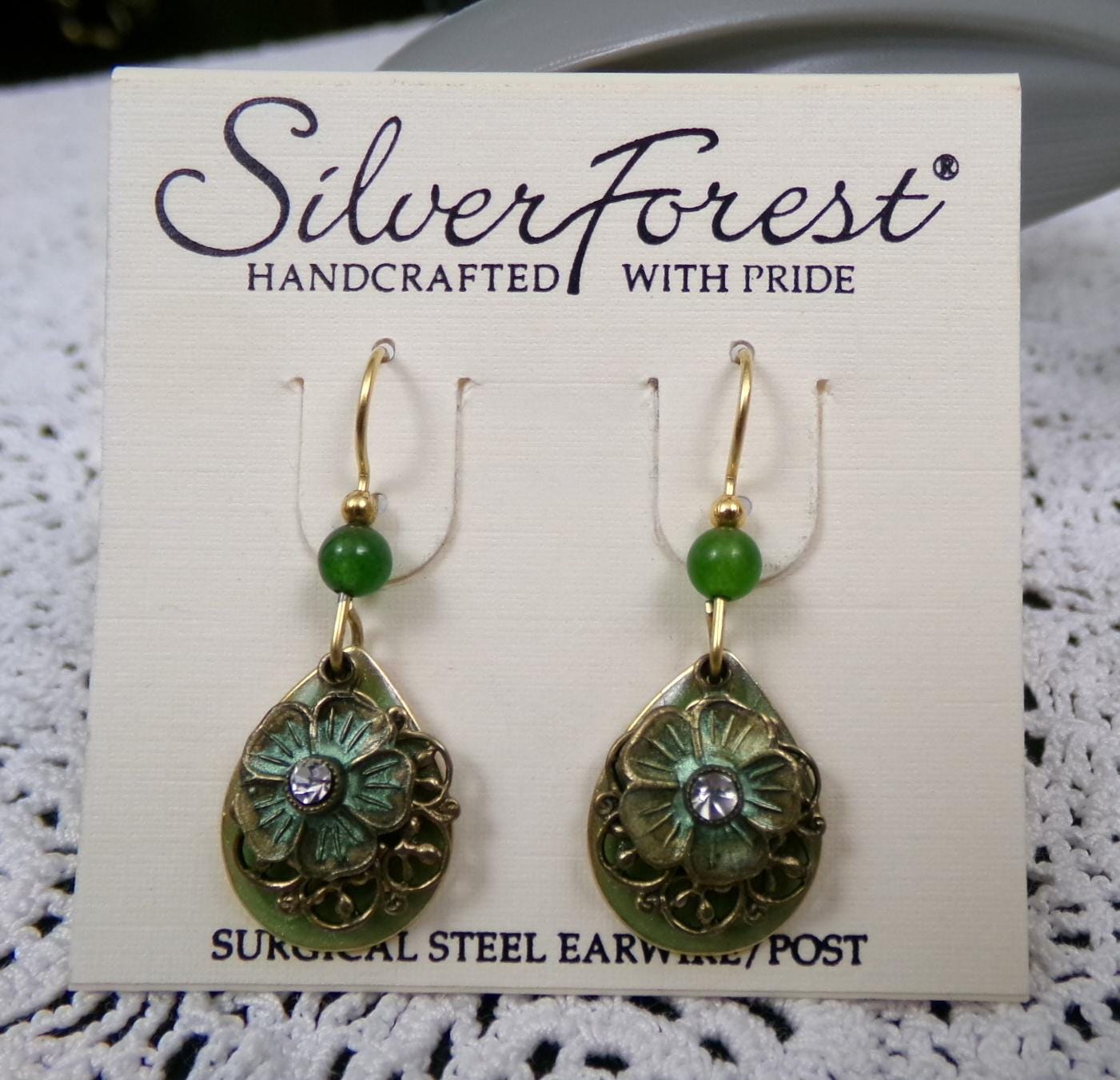 Silver Forest Dangle Earrings Vintage Style Layered Green Jade Bead Flower Teardrop