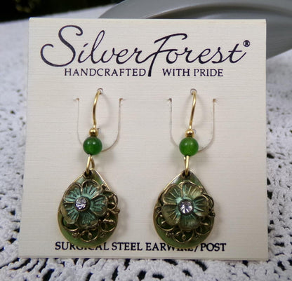 Silver Forest Dangle Earrings Vintage Style Layered Green Jade Bead Flower Teardrop