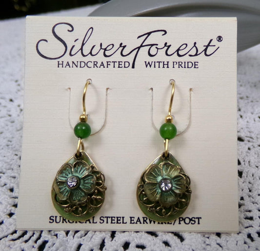 Silver Forest Dangle Earrings Vintage Style Layered Green Jade Bead Flower Teardrop
