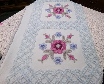 Ice Blue Vintage Chenille Fabric Double Tufted Rose Medallion Floral Lattice 23x36"