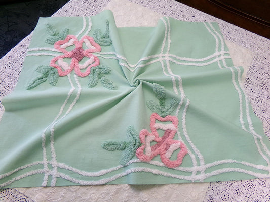 Shabby Soothing Green Vintage Chenille Fabric, Pink Rose Florals, 20 x 27"