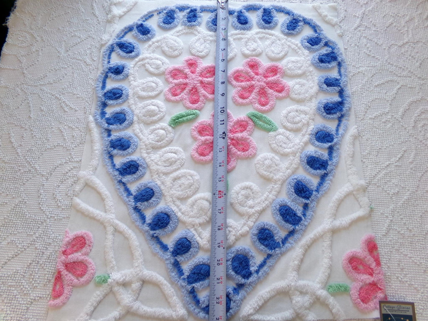 shabby heart vintage chenille fabric, pink roses w/ blue curlicue swirls, 18" x 22" piece of sewing material great for pillow
