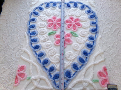 shabby heart vintage chenille fabric, pink roses w/ blue curlicue swirls, 18" x 22" piece of sewing material great for pillow