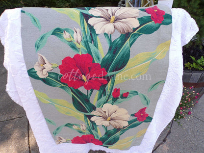 Vintage Botanical Barkcloth Fabric Piece, Salvaged MCM Tropical Hibiscus Print, 18" x 28" for upcycle, sewing, crafts