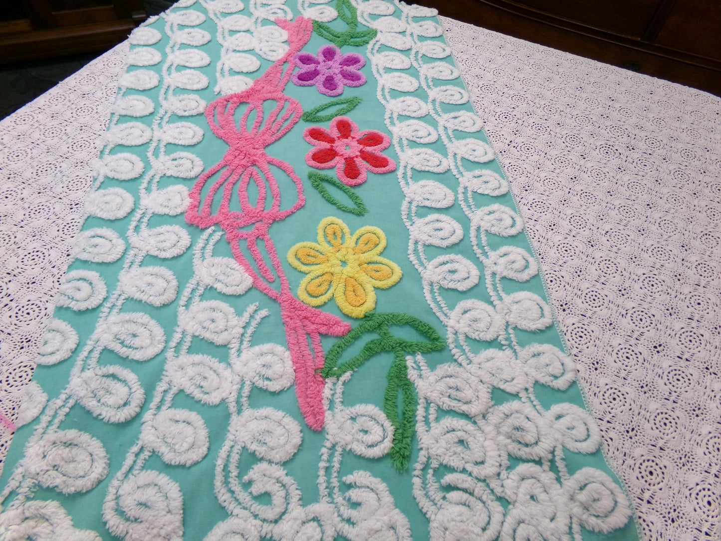 Special Jade Floral Swag Vintage Chenille Bedspread Fabric 18" x 34" Piece