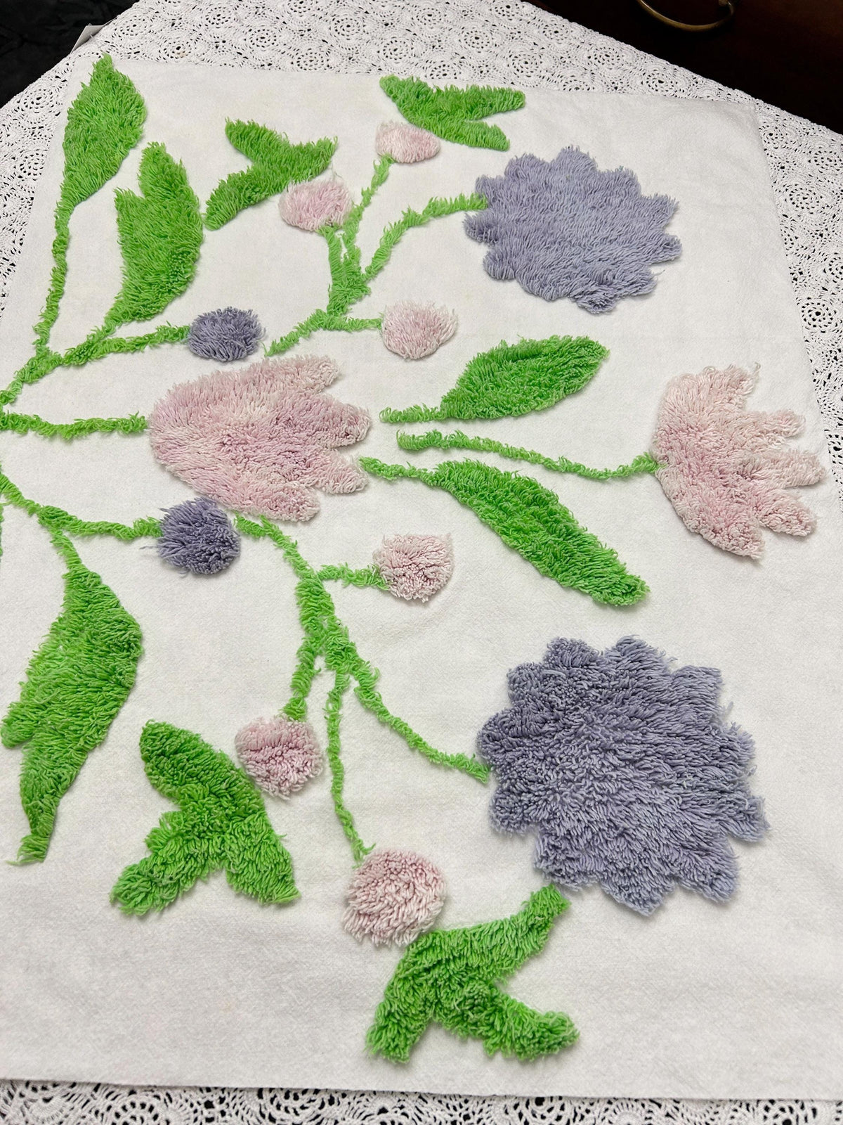 Vintage Spring Floral Chenille Fabric, Plush Flowers & Greenery 18x24"