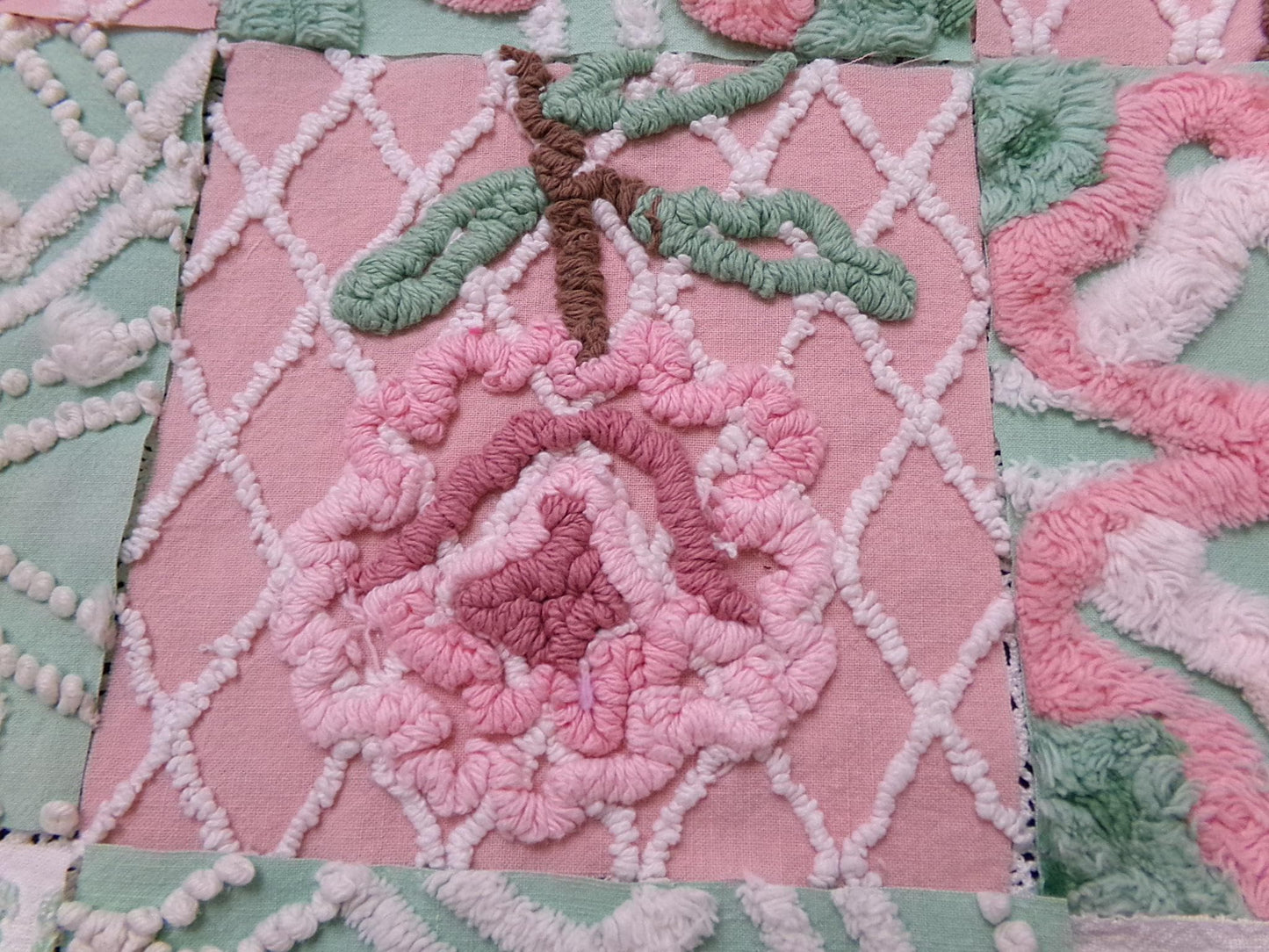 fresh cut roses vintage chenille fabric squares, set of 16 pink green quilt blocks 6" ea