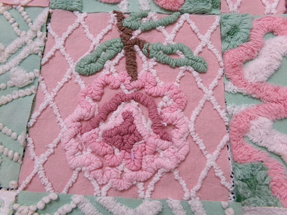 fresh cut roses vintage chenille fabric squares, set of 16 pink green quilt blocks 6" ea