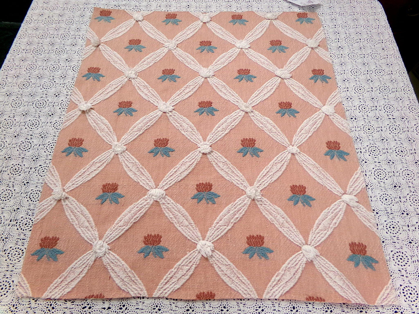 Pineapple Floral Vintage Woven Fabric Textured Chenille Button Design 23" x 20" Reversible