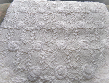 Ivory Embroidered Vintage Fabric Piece 20x24" Candlewick Style Lattice Daisy Medallions