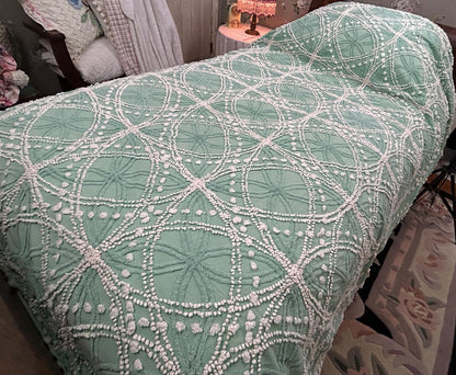 Vintage Chenille Bedspread Shabby Twin Jade Green White Spiderweb Starburst