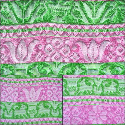 Boho Vintage Bedspread, Woven Chenille Folk Art Pink & Green Hobnail w/ Fringe, Twin Sz