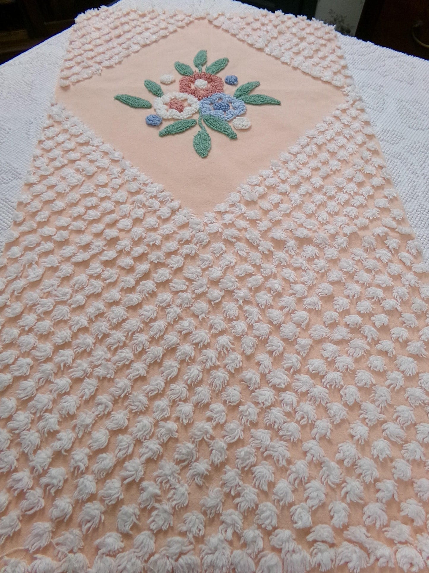 Peach Wildflower Vintage Chenille Bedspread Fabric, 15" x 33" Piece Sewing & Quilt Material