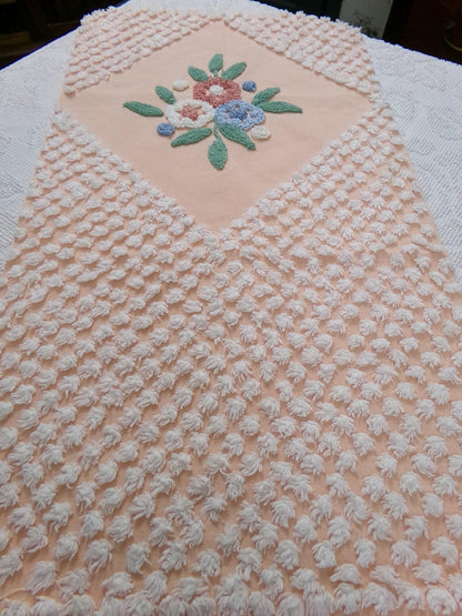 Peach Wildflower Vintage Chenille Bedspread Fabric, 15" x 33" Piece Sewing & Quilt Material