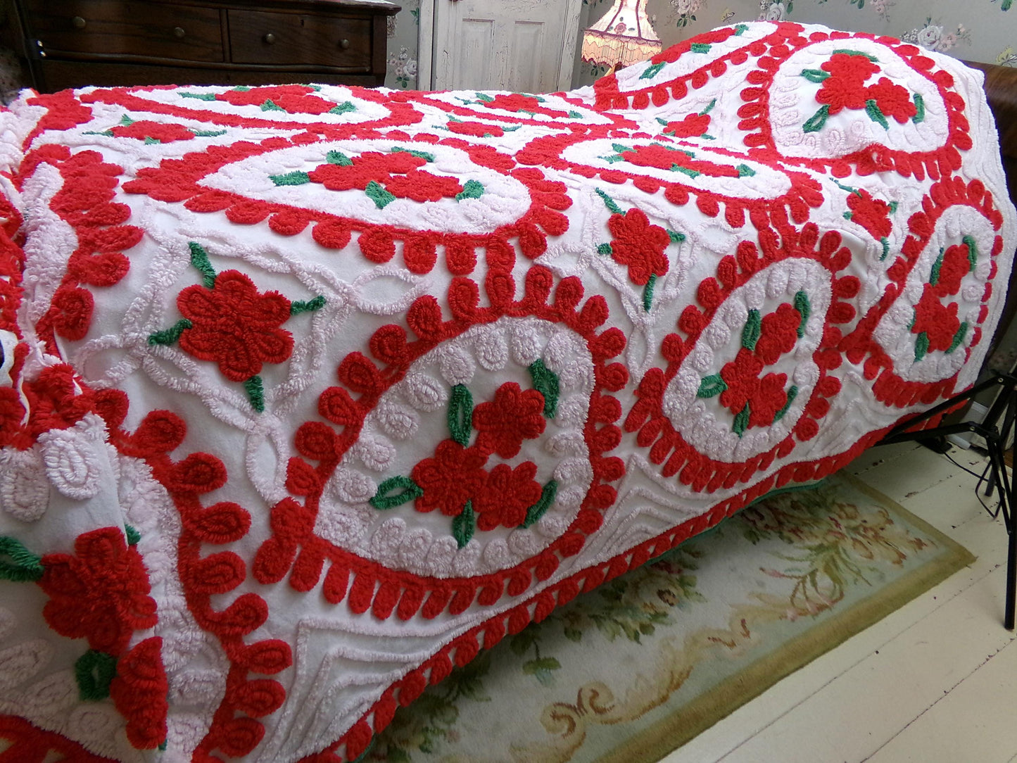 Vintage Chenille Bedspread - Red & White Hearts - Romantic Shabby Chic Cottage Decor - Full Size Bedding