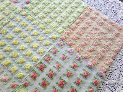 Sunrise Rosebud Chenille Quilt Squares Set, from Vintage Bedspread Fabric, 16 Blocks, 6" inch, in Yellow, Peach, & Ombre Pink Roses