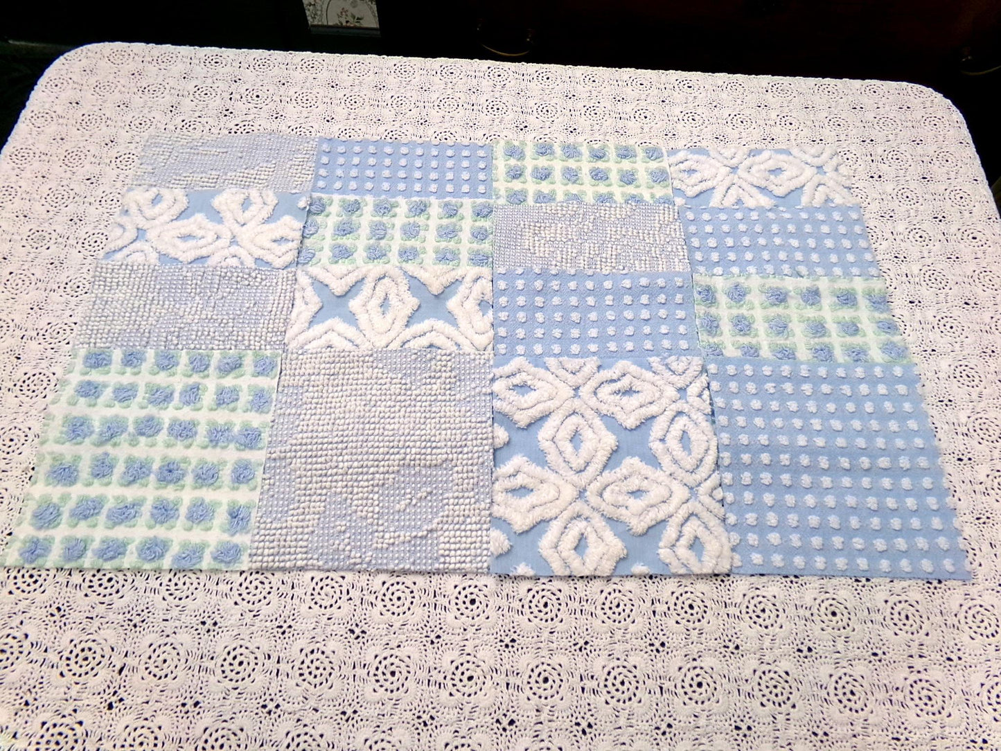 sea breeze vintage chenille fabric squares, set of 16 blue white quilt blocks 6" ea