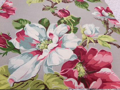 Vintage Barkcloth Fabric 1940s Pink Aqua Magnolia Floral Gray Mid-Century, 22" x 34"