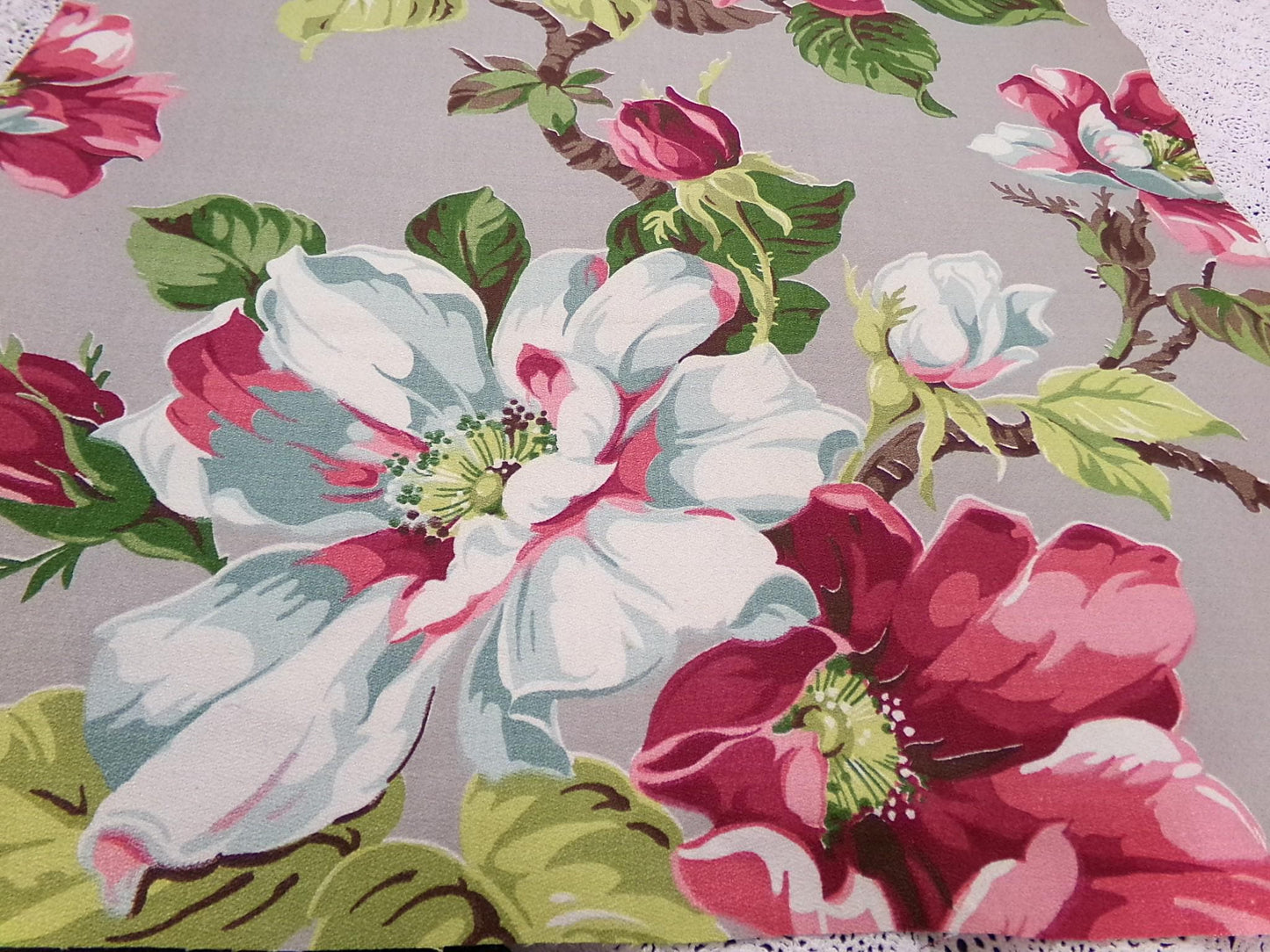 Vintage Barkcloth Fabric 1940s Pink Aqua Magnolia Floral Gray Mid-Century, 21" x 33"
