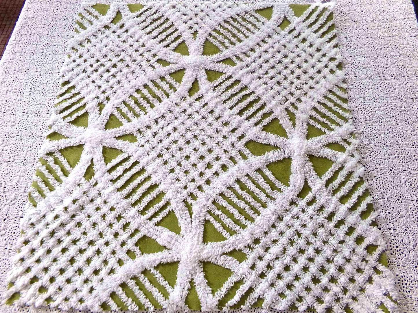 Boho Olive Army Green Vintage Chenille Fabric, 22" x 20" inch Piece, Retro 1970s Hippie Vibes