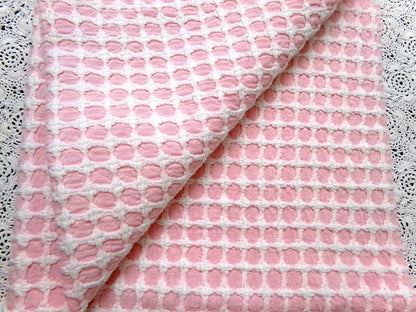 Carnation Pink White Vintage Woven Chenille Fabric Lady Galt Honeycomb Cross 22x24"