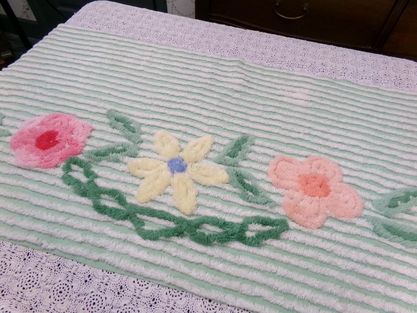 Mint Green Floral Vintage Chenille Bedspread Fabric Piece 18x33"