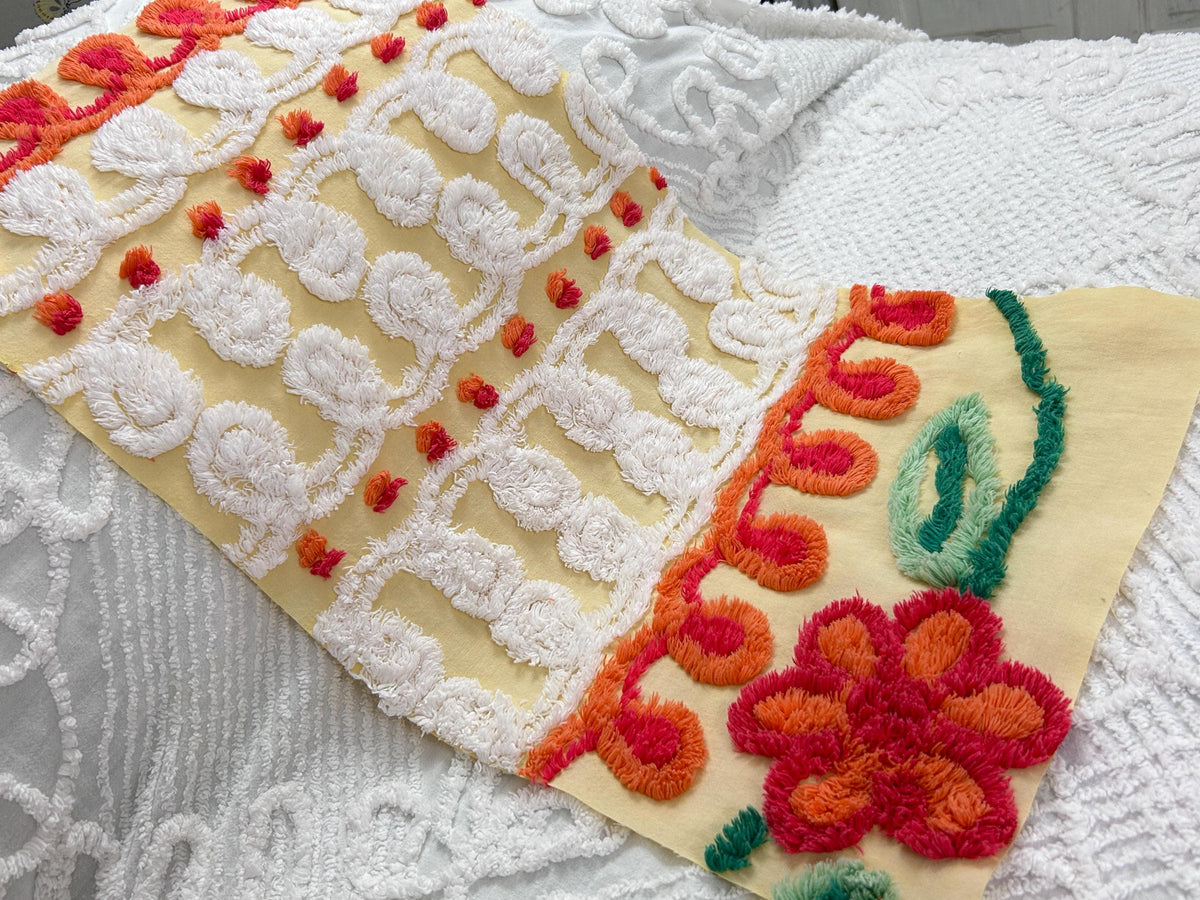 Happy Yellow Vintage Chenille Bedspread Fabric, Boho Red Flower Curlicues 13x25"