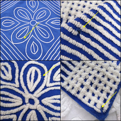 Vintage Mod Chenille Bedspread: Flower Power Bold Blue & White Shabby Cotton Full Size Bedding
