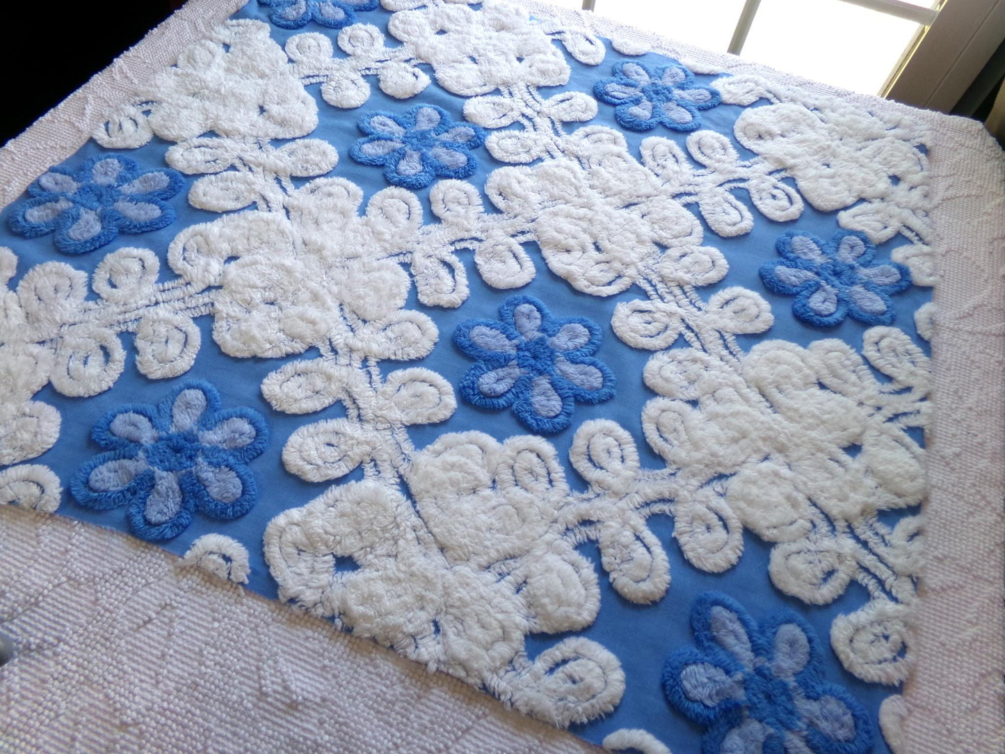 blueberry blossoms vintage chenille fabric, thickly tufted white curlicues & blue rose florals, 27" x 24" cut piece of sewing craft material