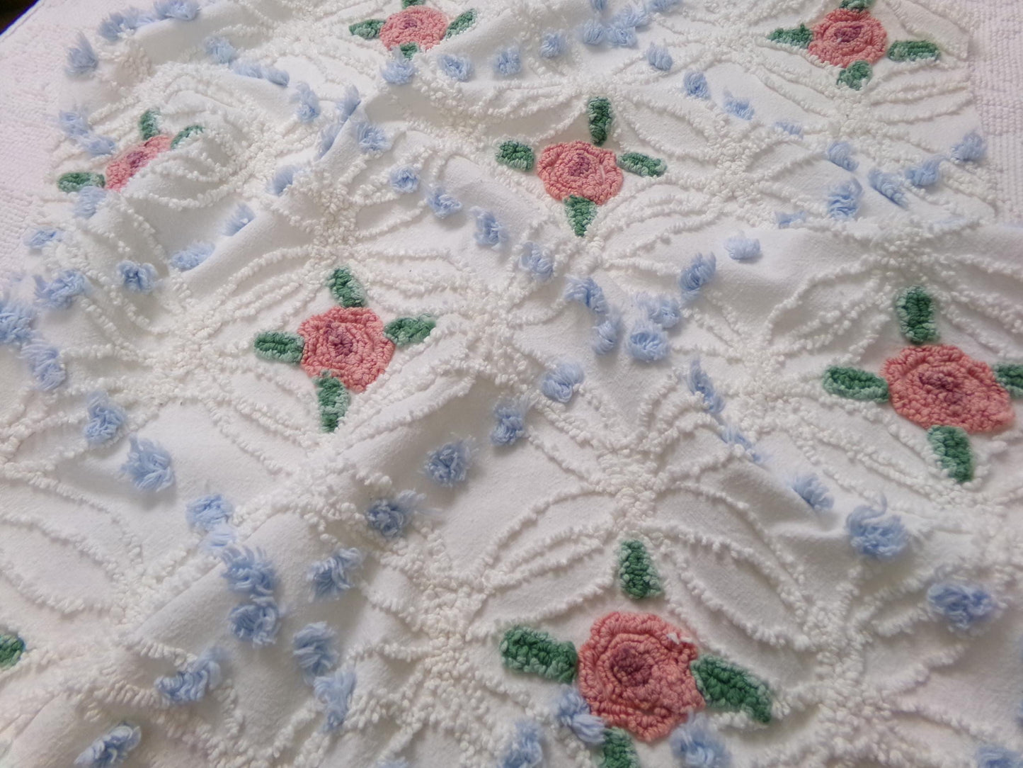 Pink Roses in Winter Vintage Chenille Bedspread Fabric, Romantic 22" x 20" Piece Sewing Material