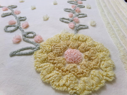 cottage floral vintage chenille fabric, buttercup yellow quilt sewing material, large 19" x 40" piece
