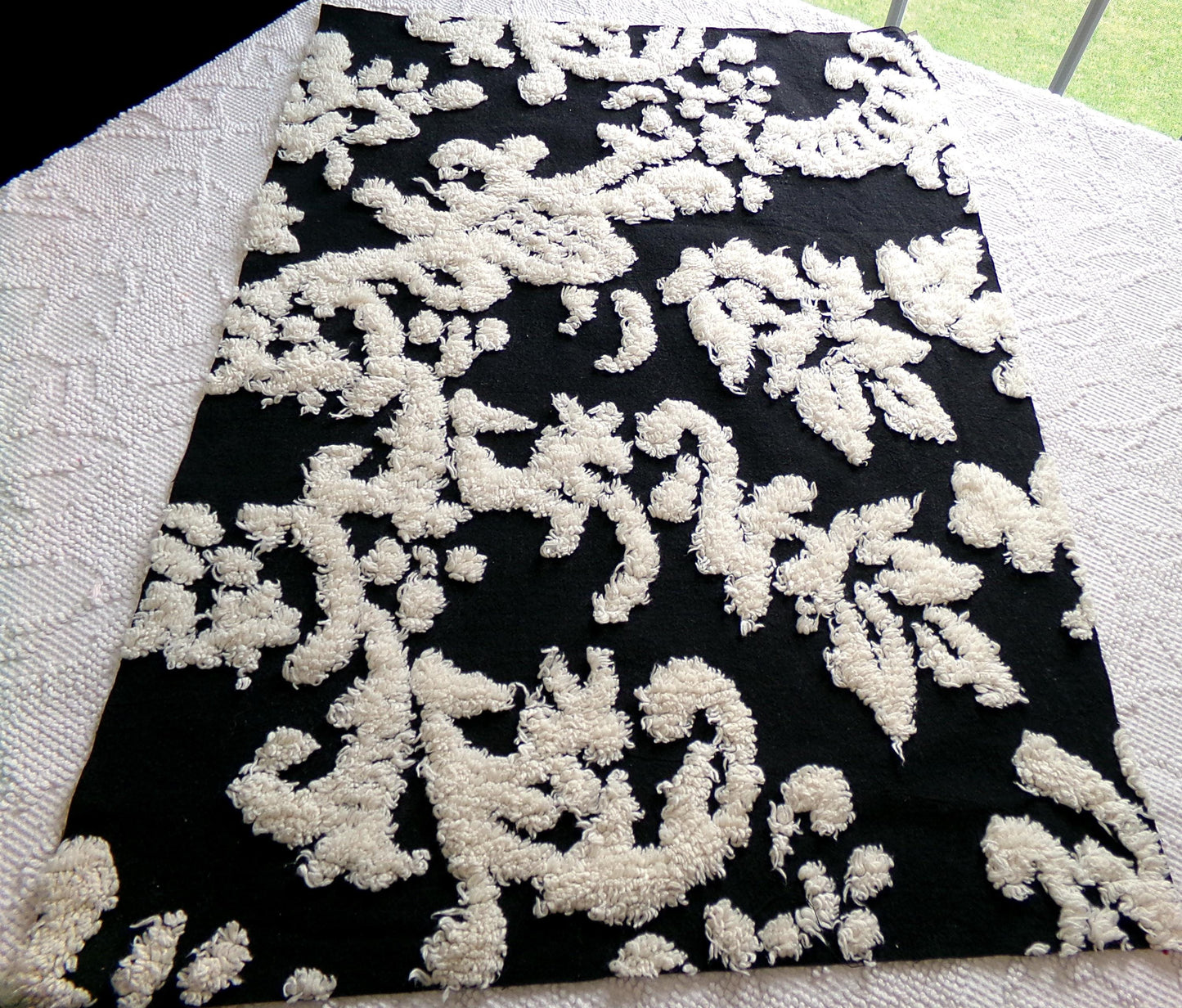 sophisticated black vintage style chenille fabric, cream gothic design, 25" x 18" cut piece of sewing & quilt material