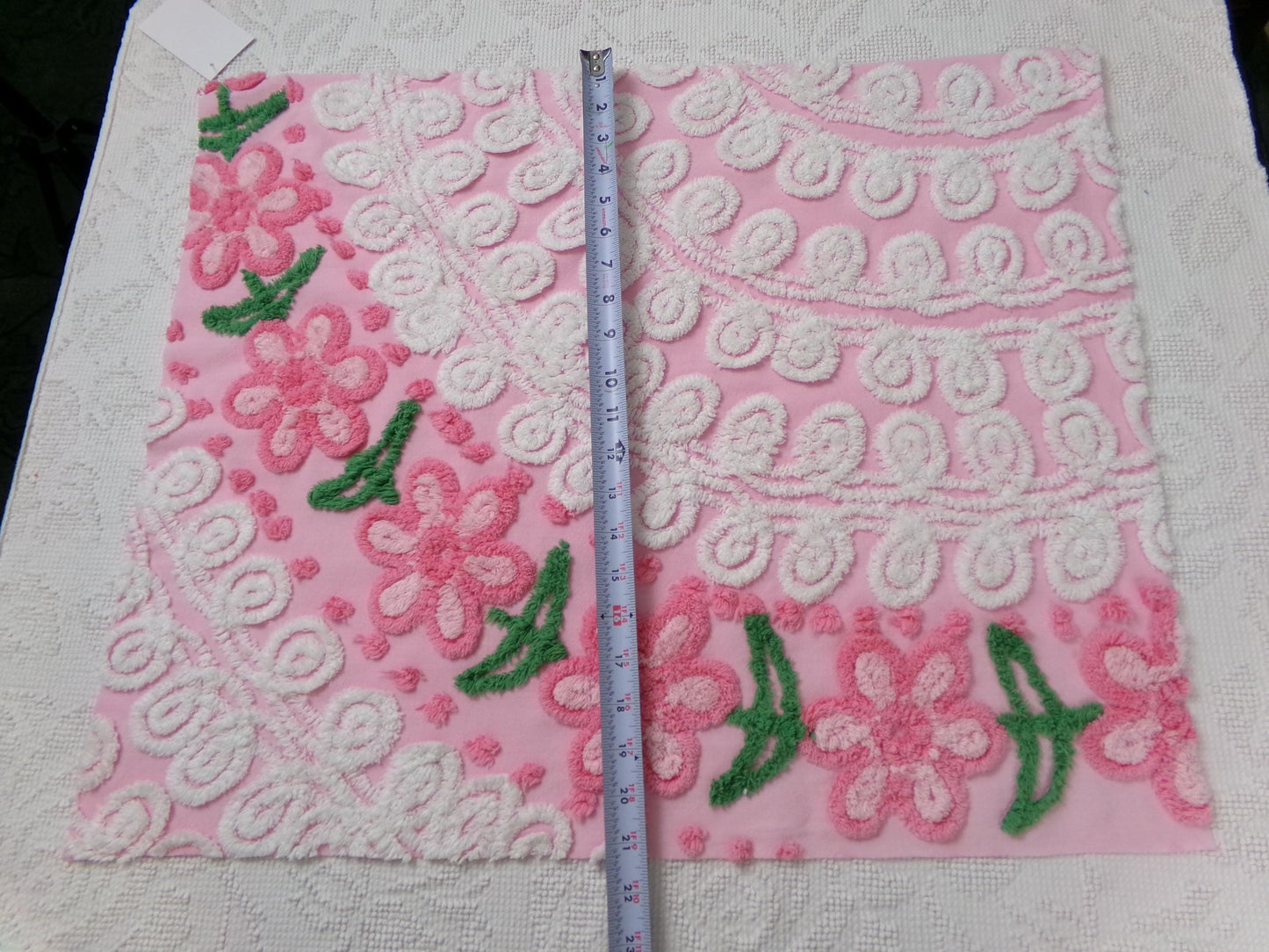 Flower Arch Vintage Chenille Bedspread Fabric, Pink Floral Sewing Material 20" x 24" Piece