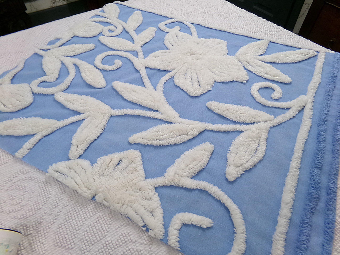 Vintage Chenille Fabric Piece, White Botanical Floral on Sky Blue, 21" x 24" Sewing Material