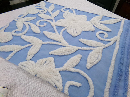 Vintage Chenille Fabric Piece, White Botanical Floral on Sky Blue, 21" x 24" Sewing Material